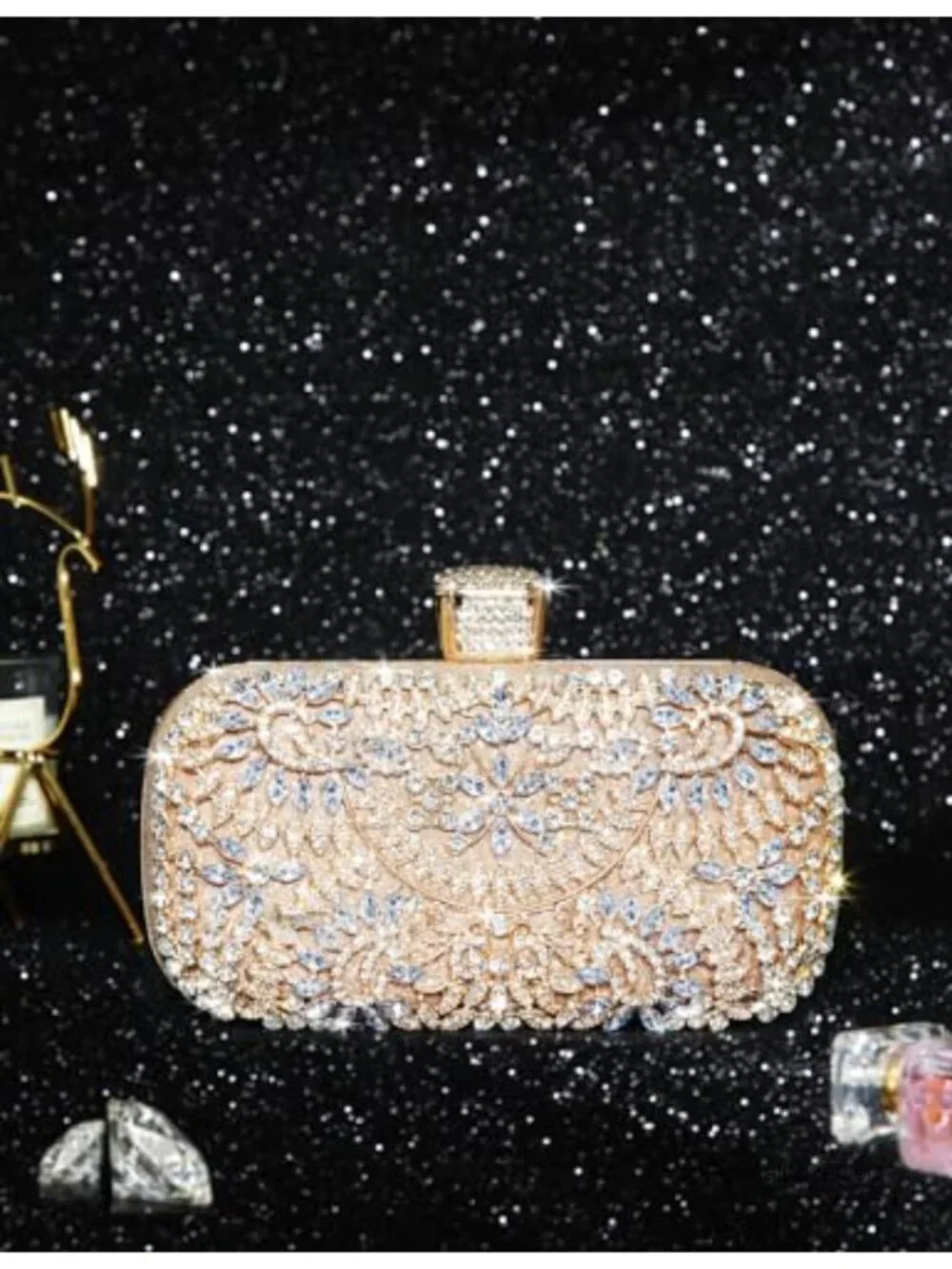 Rhinestone Decorated Evening Bag with Chain - Tote Shoulder Crossbody Handbag